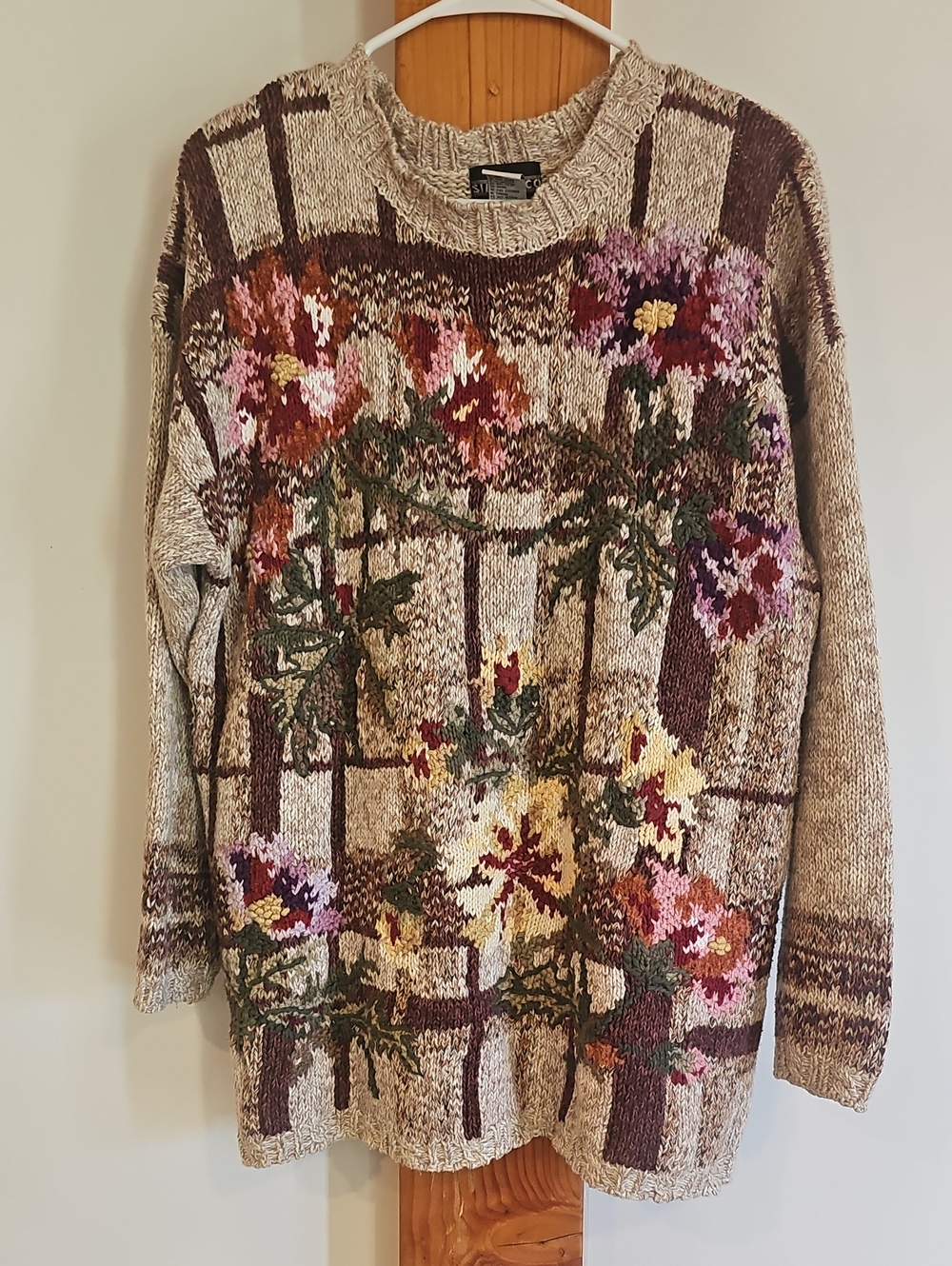 Vintage Floral Crewneck Knit Sweater - Beige Multi